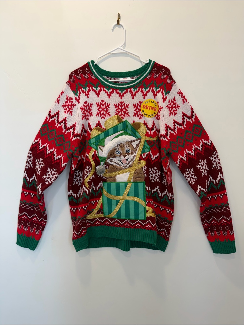 Men's Red & Green Holiday Crewneck Sweater with Cat Motif